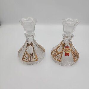 Anna Hutte Bleikristall Candle Holders 24% Lead Crystal Made in Germany Gold 5"